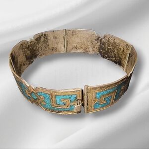 Vintage Mexico Sterling Silver & Turquoise Inlay Hinged Panel Bracelet